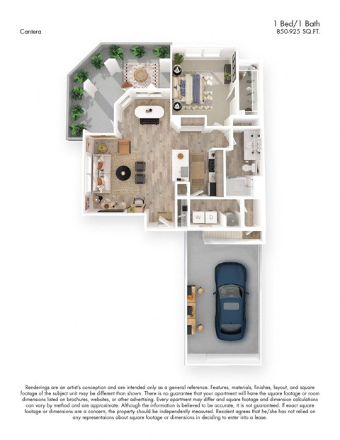Floor plan for 1 bed, 1 bath, 850 sqft